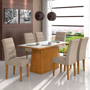 Kit Mesa de Jantar Lopas Nevada com Tampo 5mm + 6 Cadeiras Fiorella Rovere