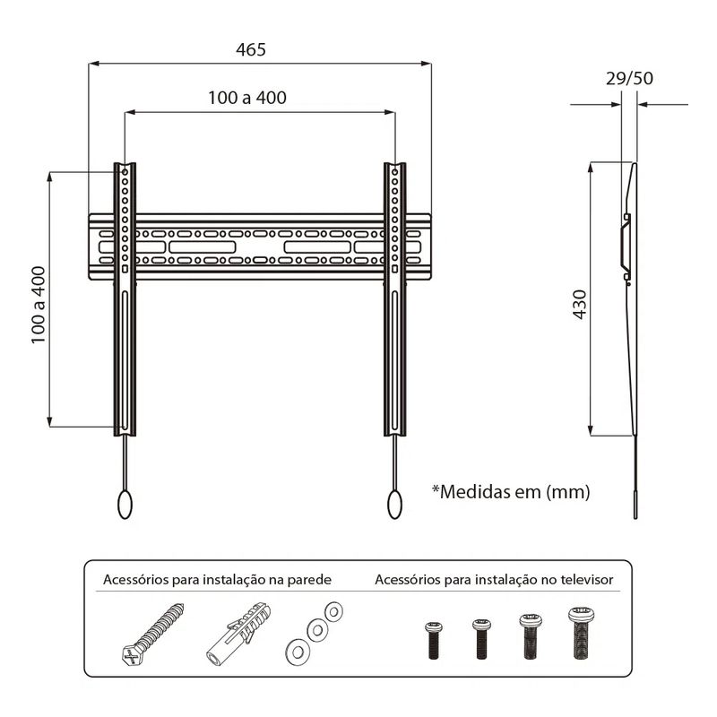 Suporte Fixo de Parede Para TVs de 32a 65 com Peso até 50kg