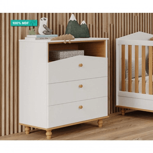 Cômoda Infantil Retrô Permóbili Mimo Casinha 3 gavetas, 100% MDF Branco/Nature