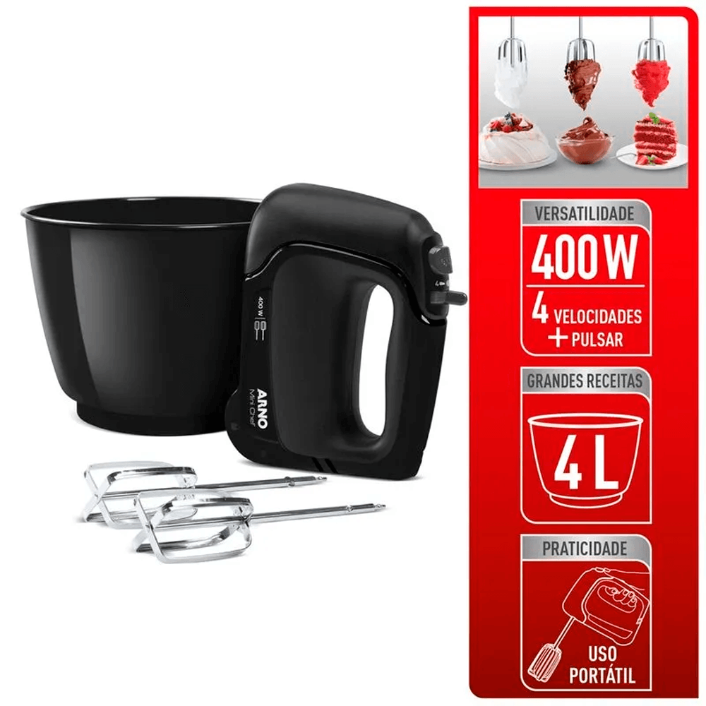 Batedeira Arno Mini Chef Portátil 400W 4 Litros Preta HM01
