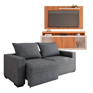 Sofá Vitória 1,80m Retrátil Cinza com Painel e Rack New Oscar TV até 60"