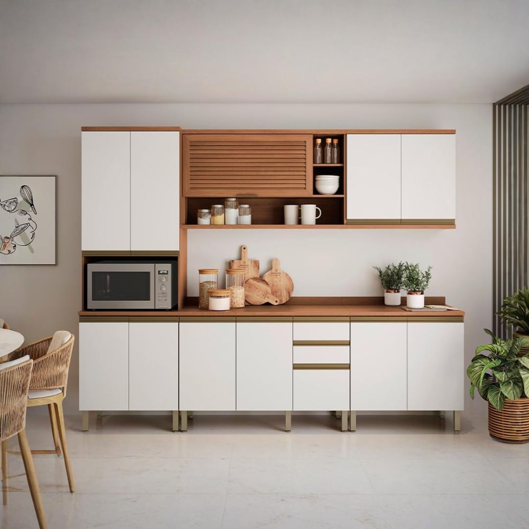 Armário de Cozinha Completo 5 peças Telasul Macadâmia Freijó/Branco