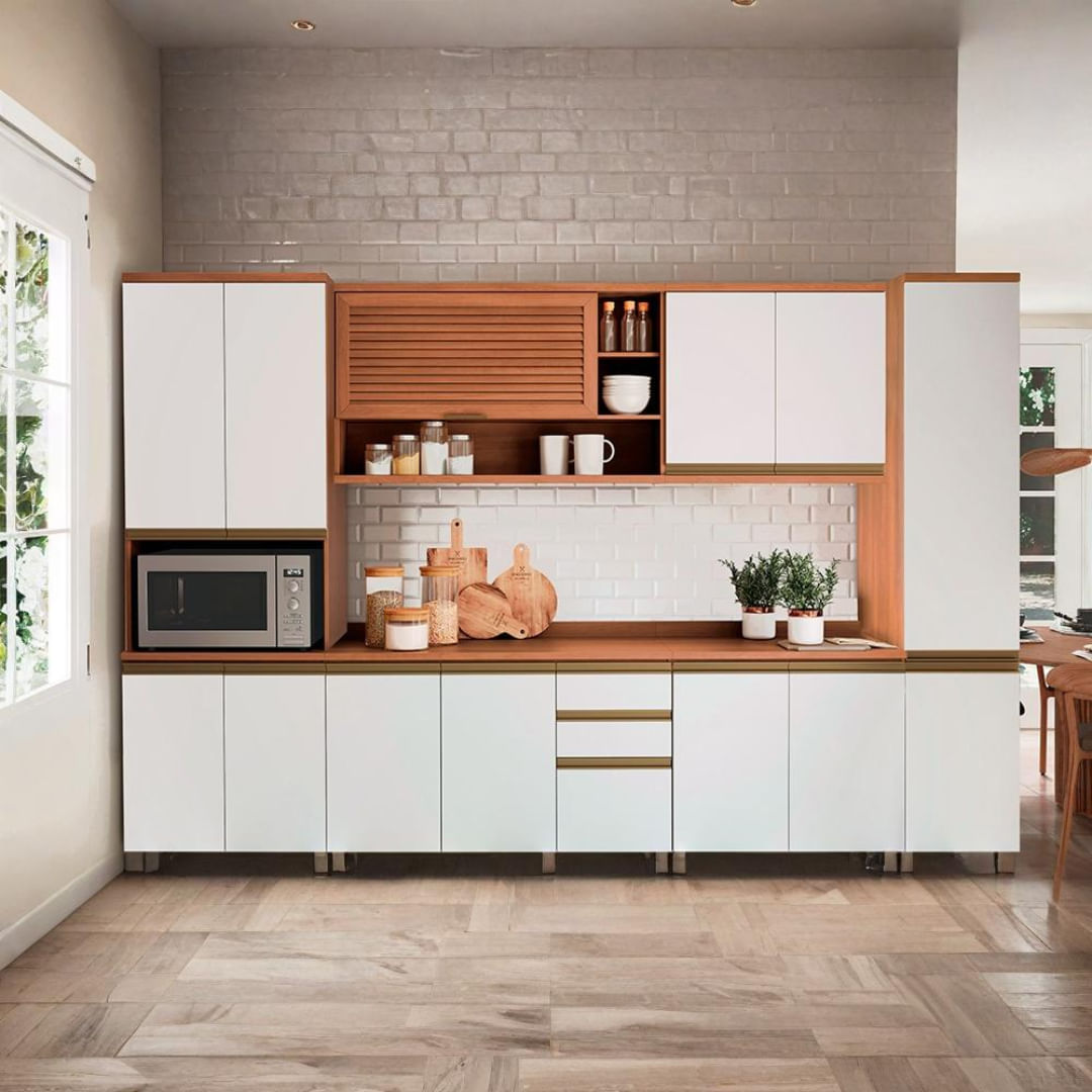 Armário de Cozinha Completo 6 peças Telasul Macadâmia Freijó/Branco