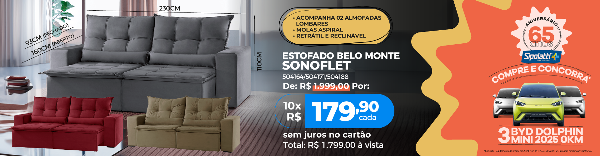 Sofá Sonoflet Belo Monte 2,3m Retrátil e Reclinável Grafite