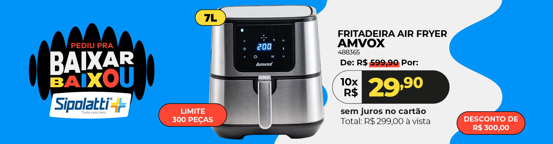 Fritadeira Air Fryer Amvox 7 Litros 1700W Inox ARF1255