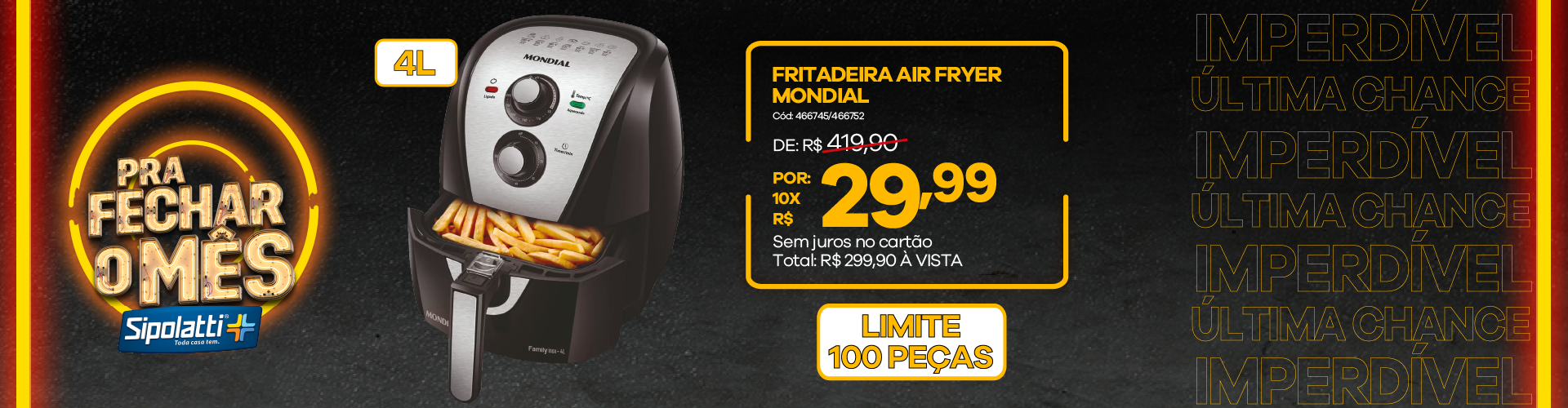 Fritadeira Sem Óleo Air Fryer Elétrica Mondial 4 Litros AFN-40-BI com Time