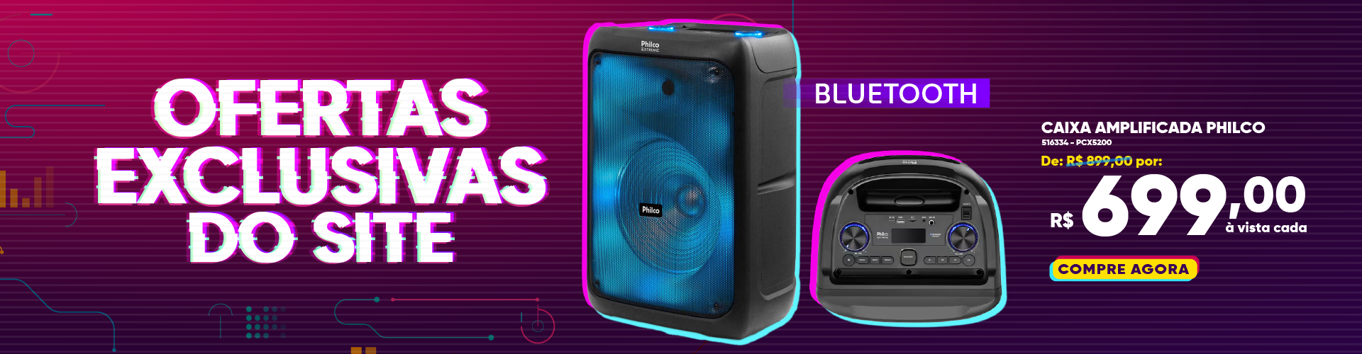 Caixa de Som Amplificada Philco 600W com Bluetooth e Rádio FM PCX5200