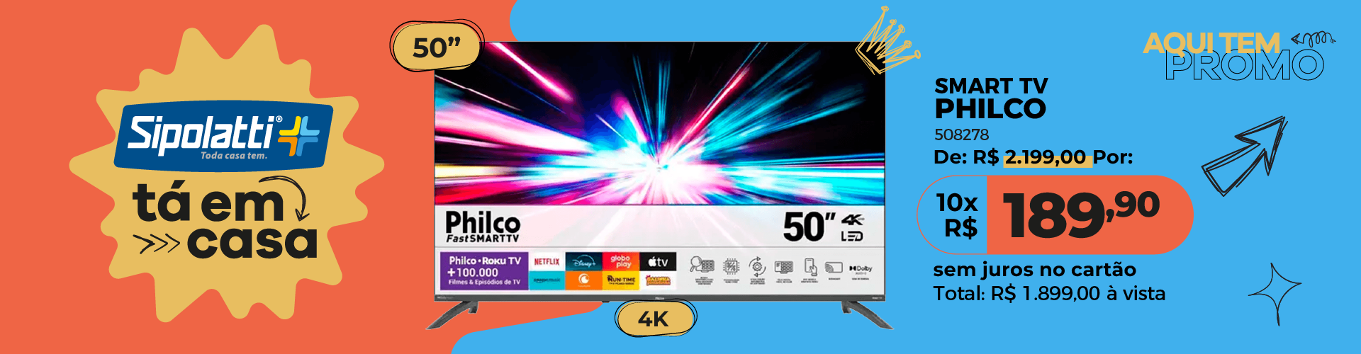 Smart TV LED 50" Philco Roku TV Dolby Audio PTV50VA4REGB