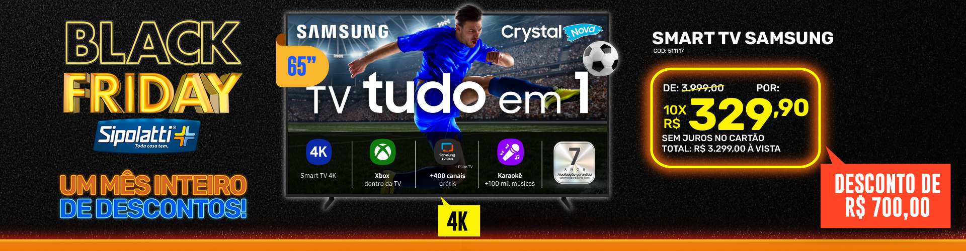 Smart TV 65" Samsung Crystal UHD 4K U8600F 2025 com Canais Gratuitos