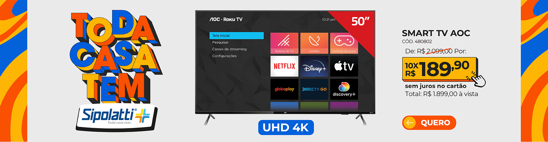 Smart TV ROKU AOC 50” UHD 4K 50U6125/78G compatível Alexa, Siri e Google Assistente