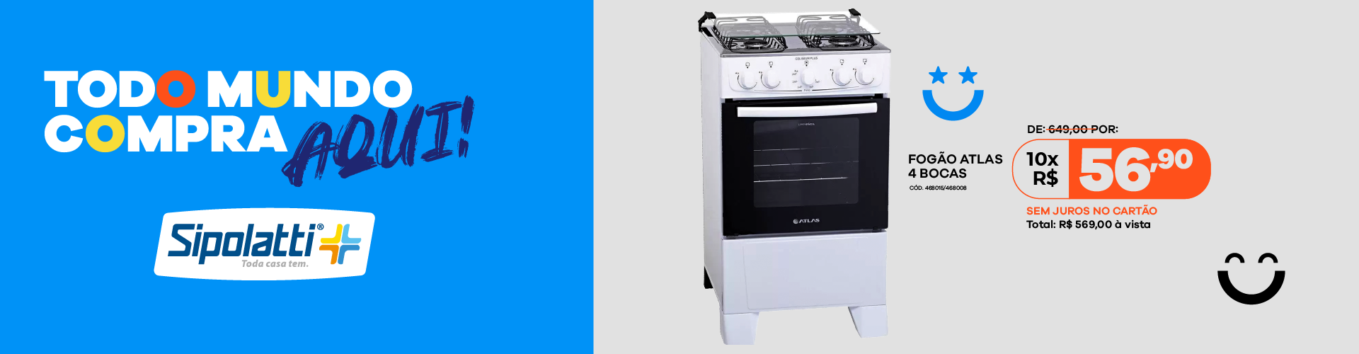 Fogão Atlas Coliseum Plus 4 bocas com Forno de 50L Acendimento Manual