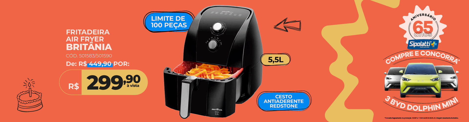 Fritadeira Air Fryer sem Óleo Elétrica Britânia 5,5 Litros Antiaderente 1500W BRF50