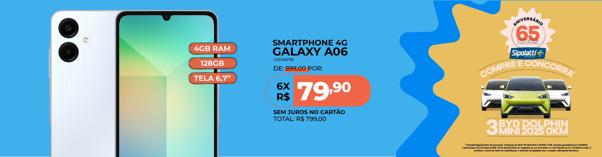 Smartphone Samsung Galaxy A06 4G 128GB 4GB RAM Tela Grande de 6.7" Branco