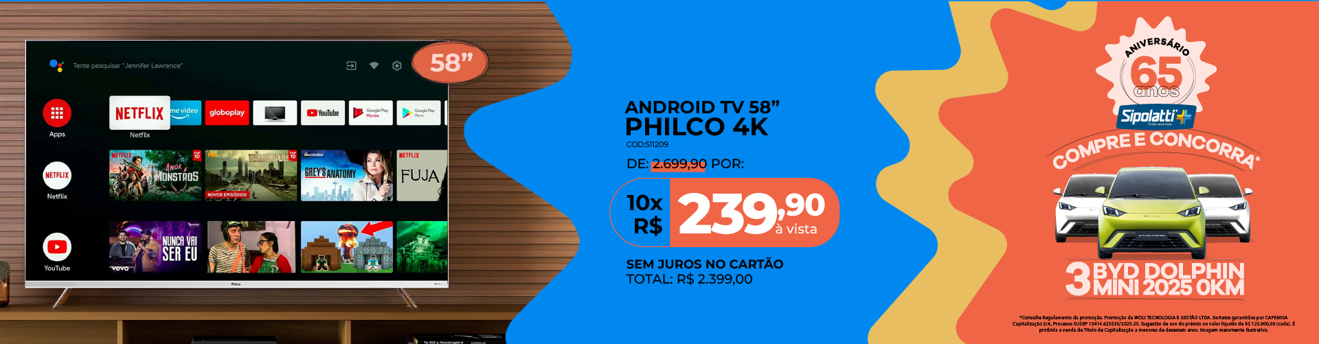 Smart TV LED 4K 58" Philco Android Dolby Audio PTV58GAGSKSBL