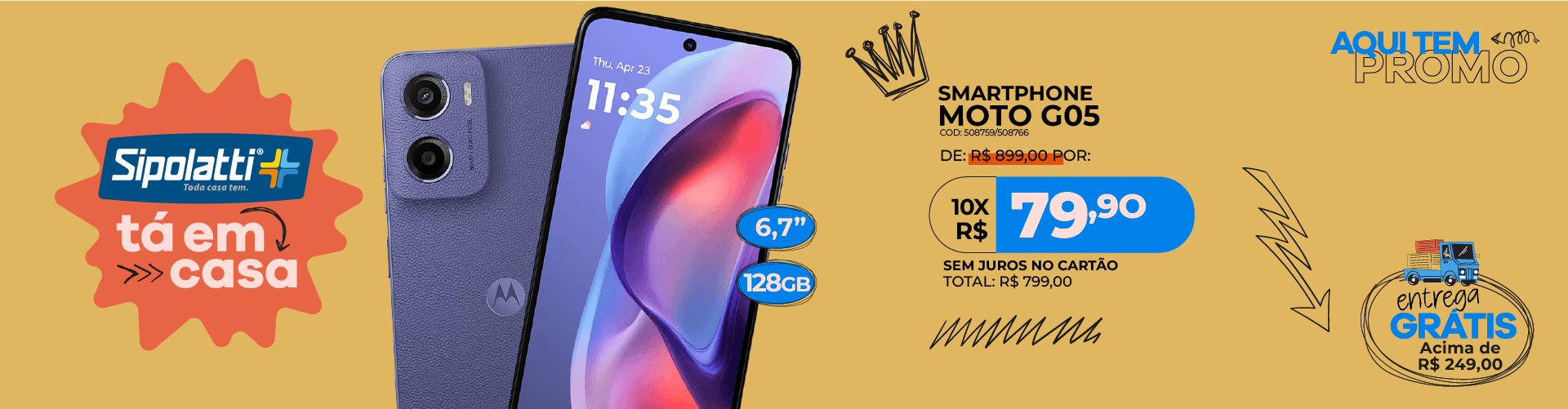 Smartphone Motorola G05 4G 128GB, 4GB + 8GB RAM Boost, Tela 6,7" 90Hz, Violeta