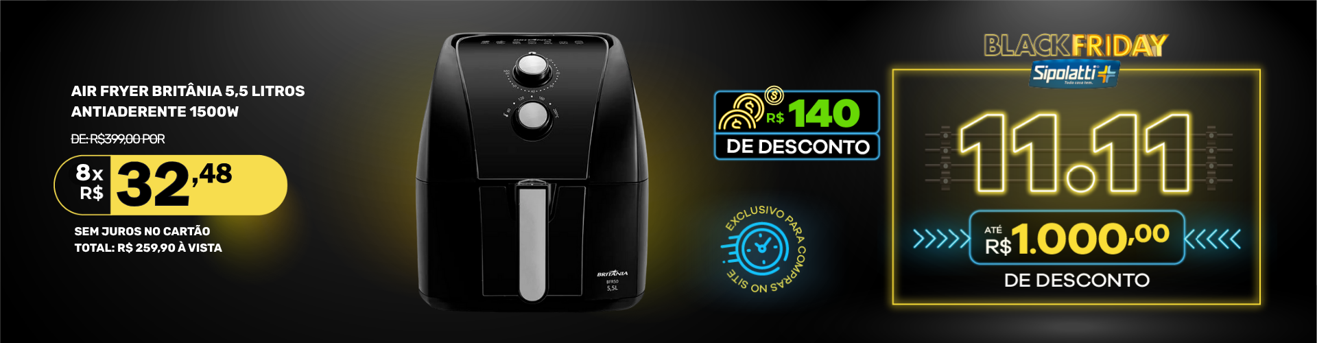 Fritadeira Air Fryer sem Óleo Elétrica Britânia 5,5 Litros Antiaderente 1500W BRF50