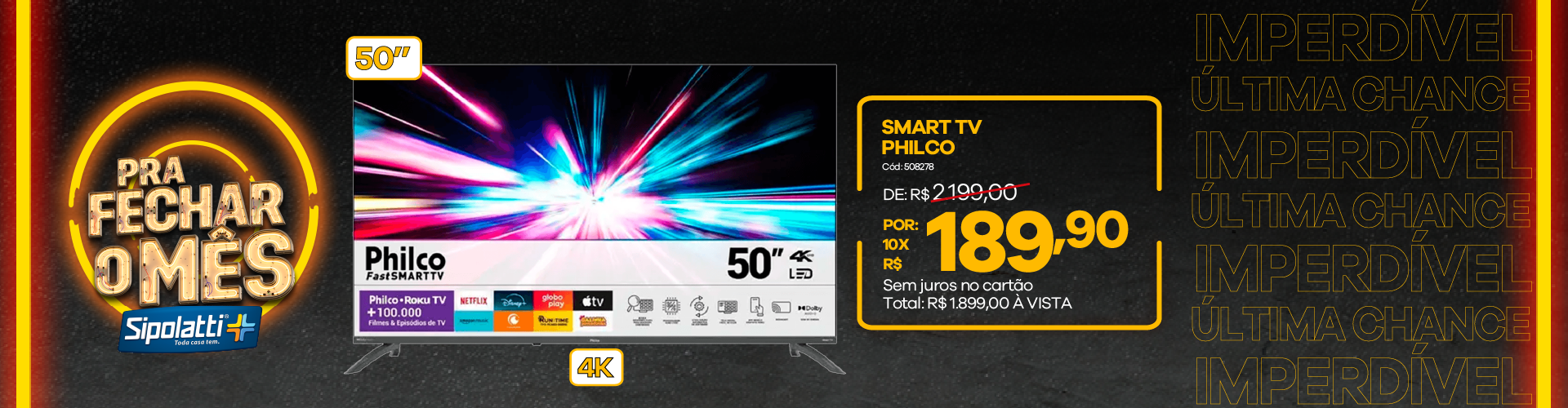 Smart TV LED 50" Philco Roku TV Dolby Audio PTV50VA4REGB