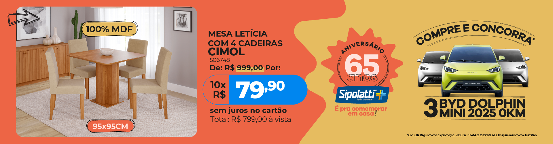 Conjunto de Jantar Cimol 95X95cm Leticia com 4 cadeiras Maia Cinamomo/Suede Marfim